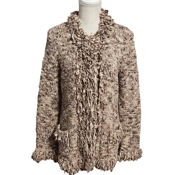 NINE WEST Cardigan Sweater Women Large Brown Wool Blend Y2K Ruffle Trim Shaggy - Picture 2 of 13